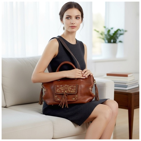 Gustto Women’s Brown Leather Shoulder Bag with Gold Accents. 17.5” x 9.5” - Picture 6 of 15